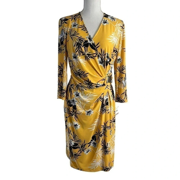 Anne Klein NEW Yellow Tropical Floral Dress 6 Jersey Stretch Draped Knee Length - Picture 1 of 11
